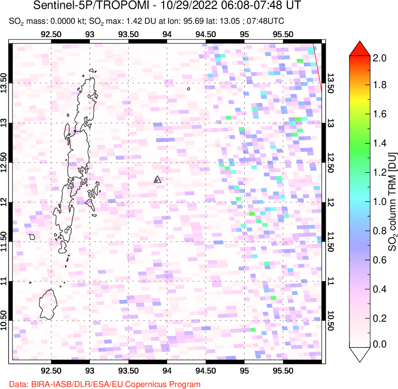 A sulfur dioxide image over Andaman Islands, Indian Ocean on Oct 29, 2022.