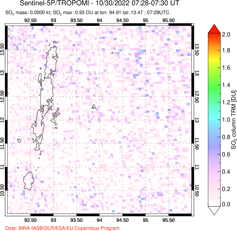 A sulfur dioxide image over Andaman Islands, Indian Ocean on Oct 30, 2022.