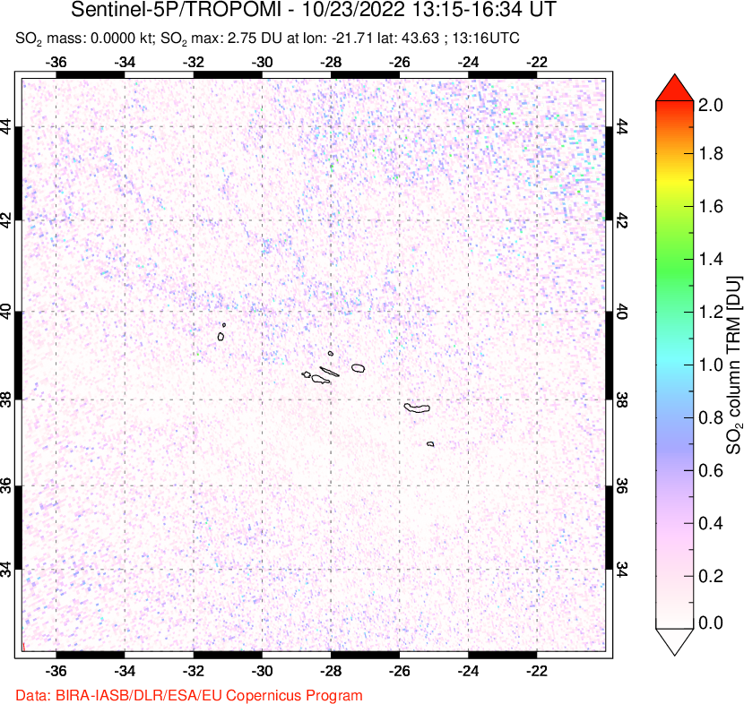 A sulfur dioxide image over Azore Islands, Portugal on Oct 23, 2022.