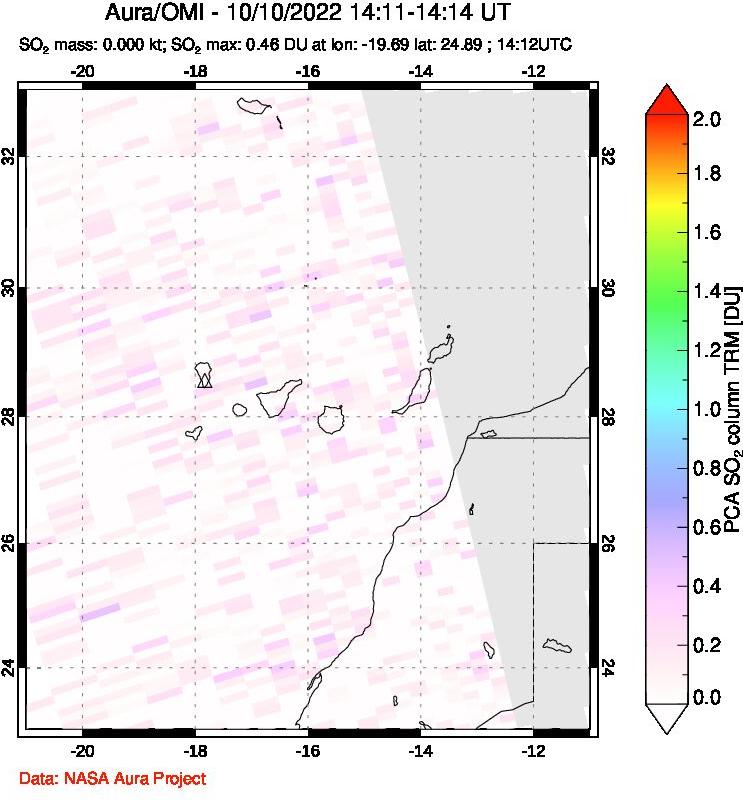 A sulfur dioxide image over Canary Islands on Oct 10, 2022.
