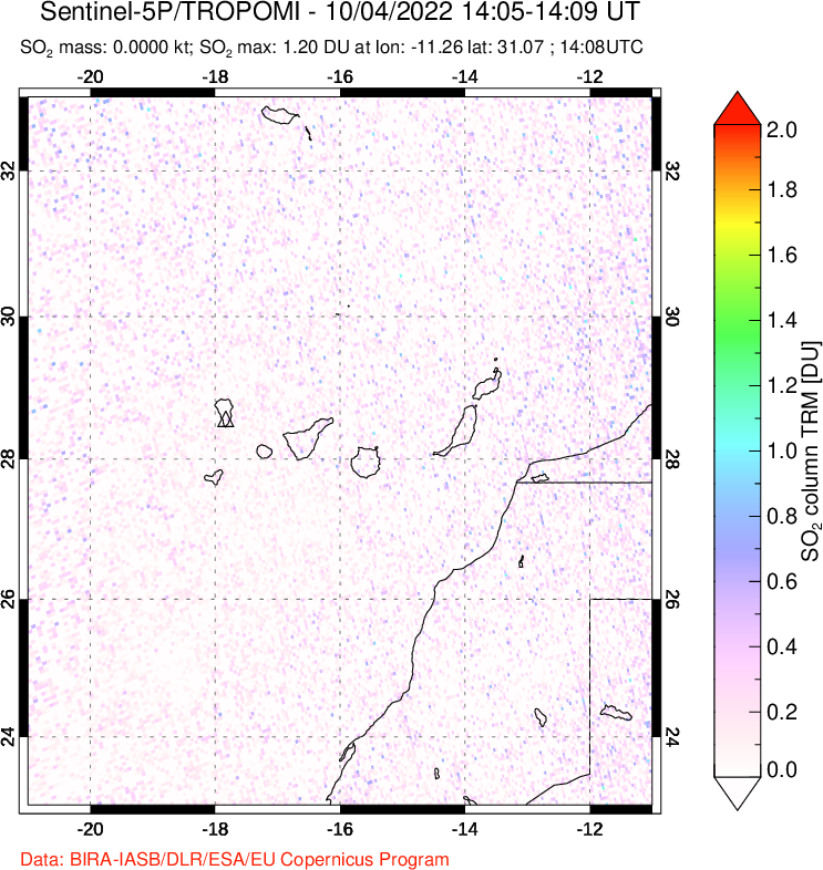 A sulfur dioxide image over Canary Islands on Oct 04, 2022.