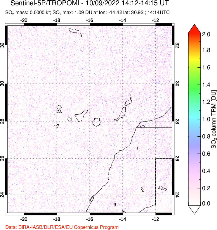 A sulfur dioxide image over Canary Islands on Oct 09, 2022.