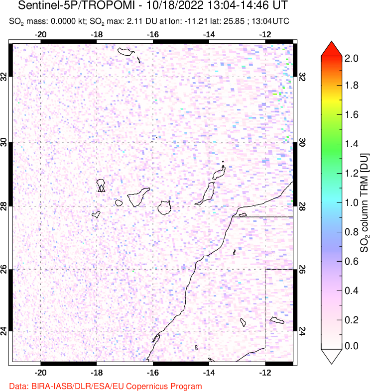 A sulfur dioxide image over Canary Islands on Oct 18, 2022.