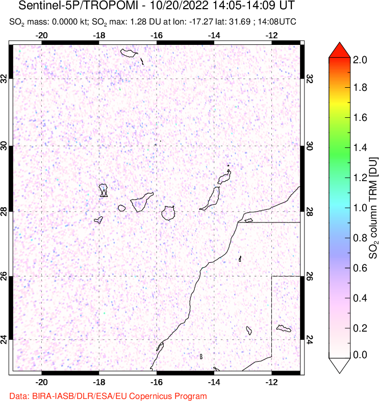 A sulfur dioxide image over Canary Islands on Oct 20, 2022.