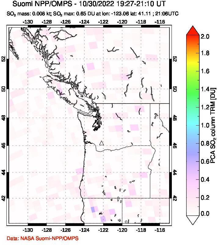 A sulfur dioxide image over Cascade Range, USA on Oct 30, 2022.