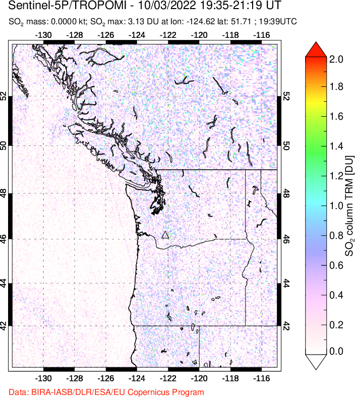 A sulfur dioxide image over Cascade Range, USA on Oct 03, 2022.