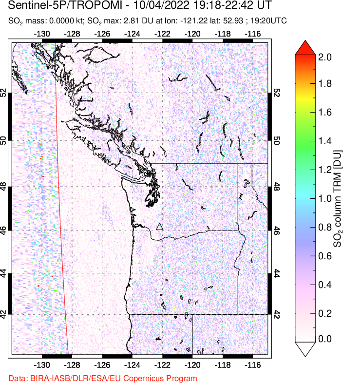 A sulfur dioxide image over Cascade Range, USA on Oct 04, 2022.