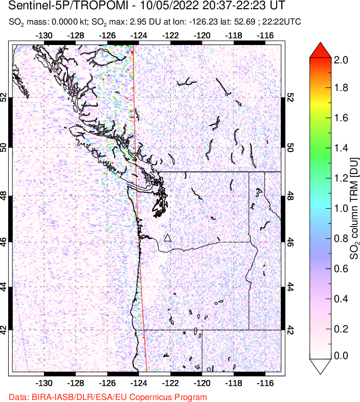 A sulfur dioxide image over Cascade Range, USA on Oct 05, 2022.