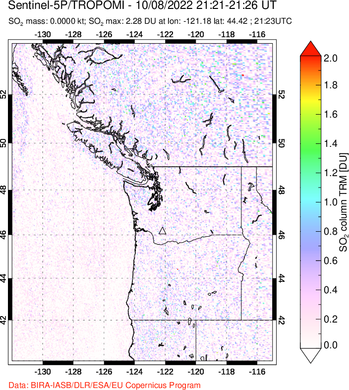 A sulfur dioxide image over Cascade Range, USA on Oct 08, 2022.