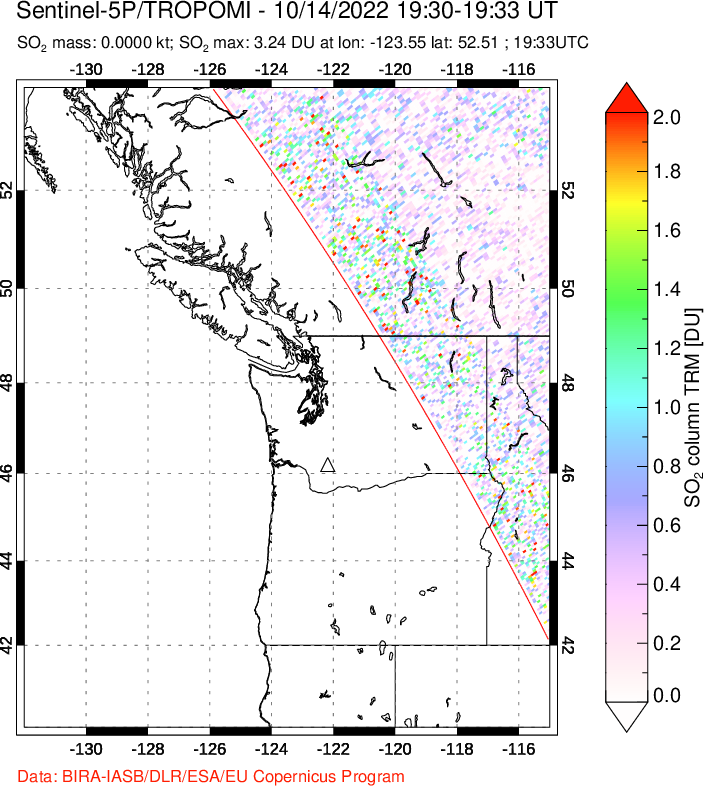 A sulfur dioxide image over Cascade Range, USA on Oct 14, 2022.