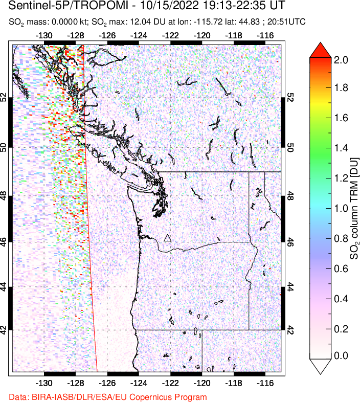 A sulfur dioxide image over Cascade Range, USA on Oct 15, 2022.