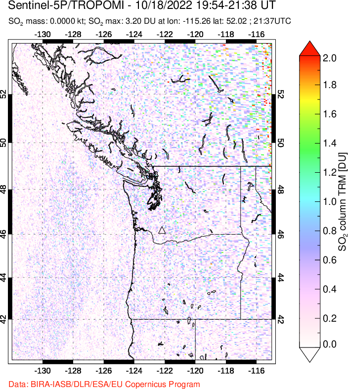 A sulfur dioxide image over Cascade Range, USA on Oct 18, 2022.