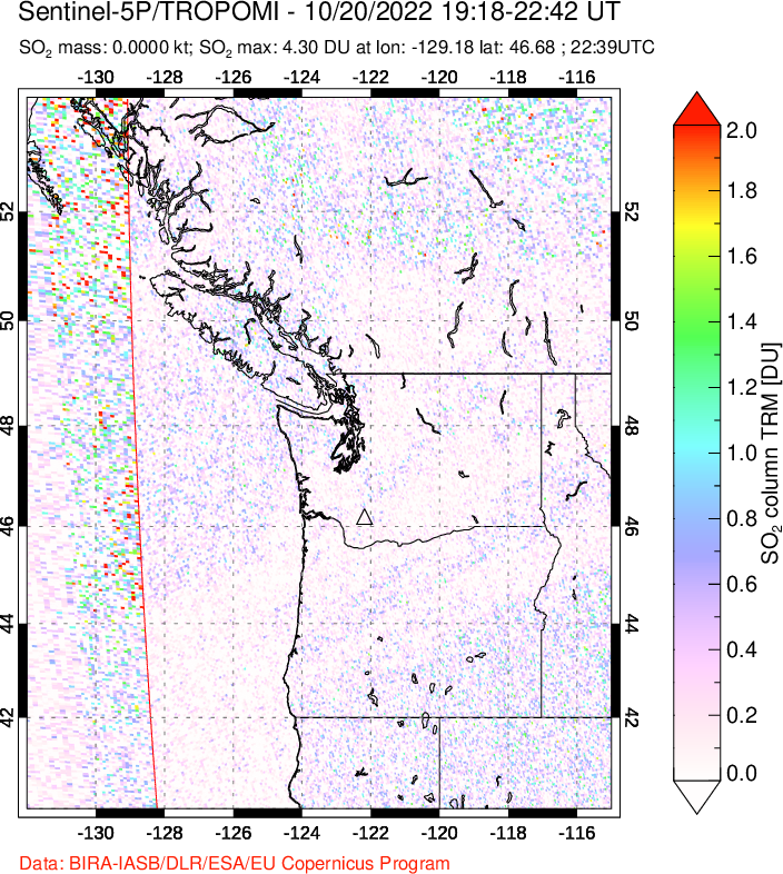 A sulfur dioxide image over Cascade Range, USA on Oct 20, 2022.