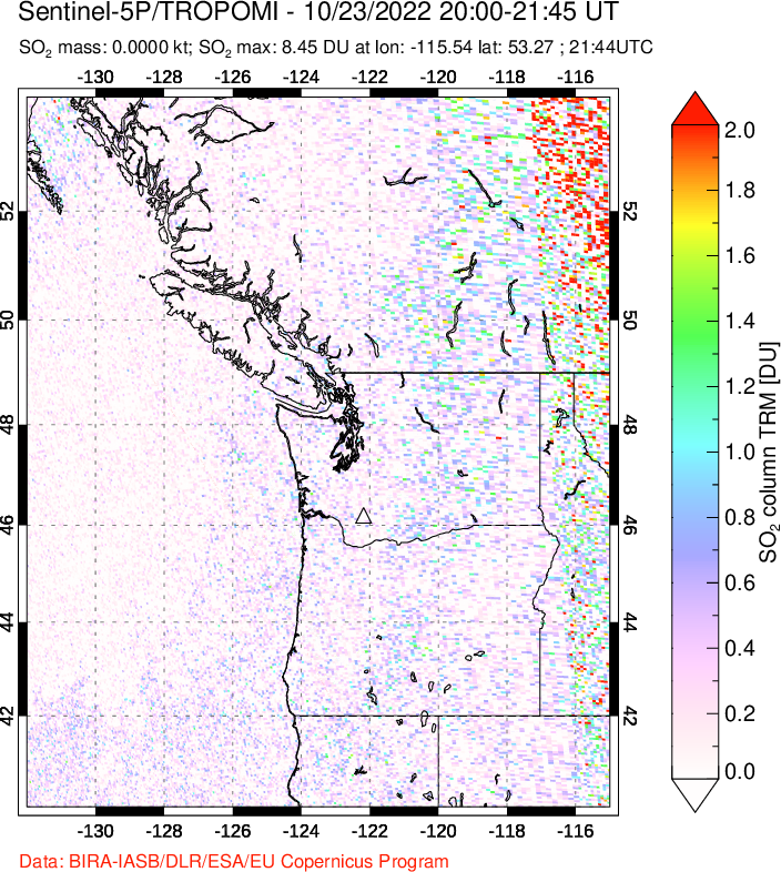 A sulfur dioxide image over Cascade Range, USA on Oct 23, 2022.