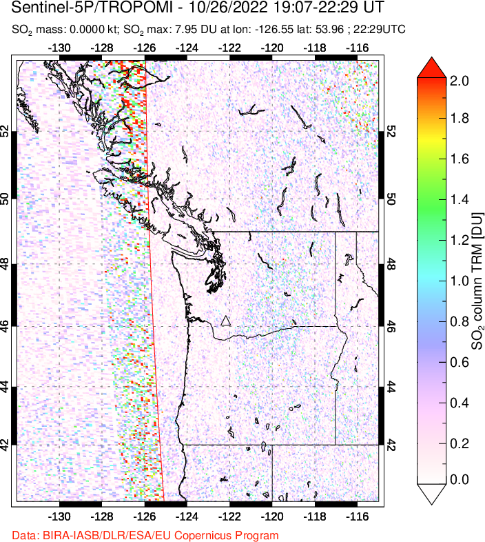 A sulfur dioxide image over Cascade Range, USA on Oct 26, 2022.