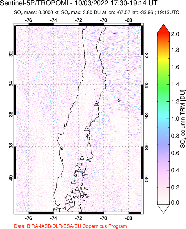 A sulfur dioxide image over Central Chile on Oct 03, 2022.