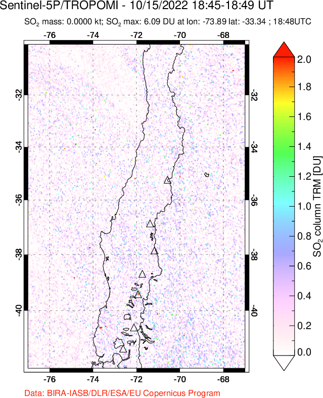 A sulfur dioxide image over Central Chile on Oct 15, 2022.