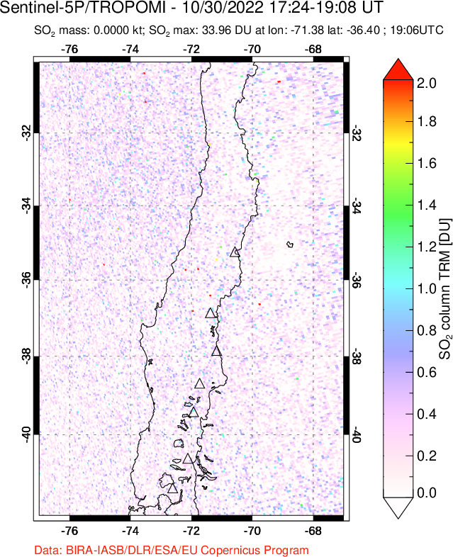 A sulfur dioxide image over Central Chile on Oct 30, 2022.