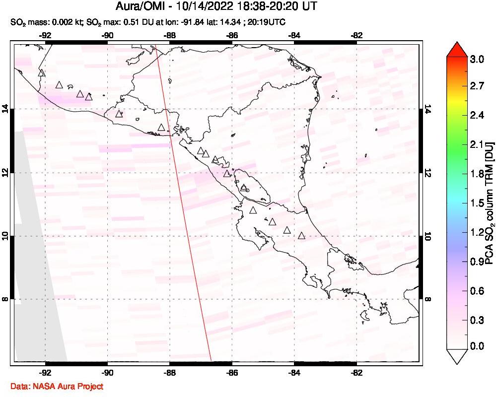 A sulfur dioxide image over Central America on Oct 14, 2022.