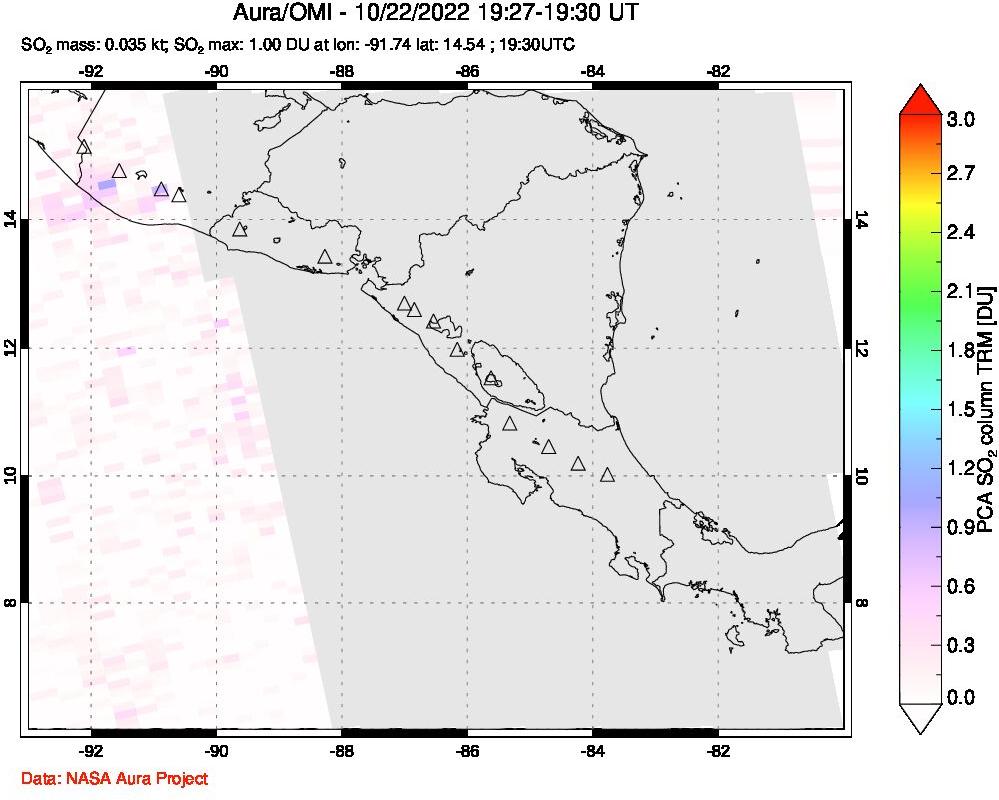 A sulfur dioxide image over Central America on Oct 22, 2022.