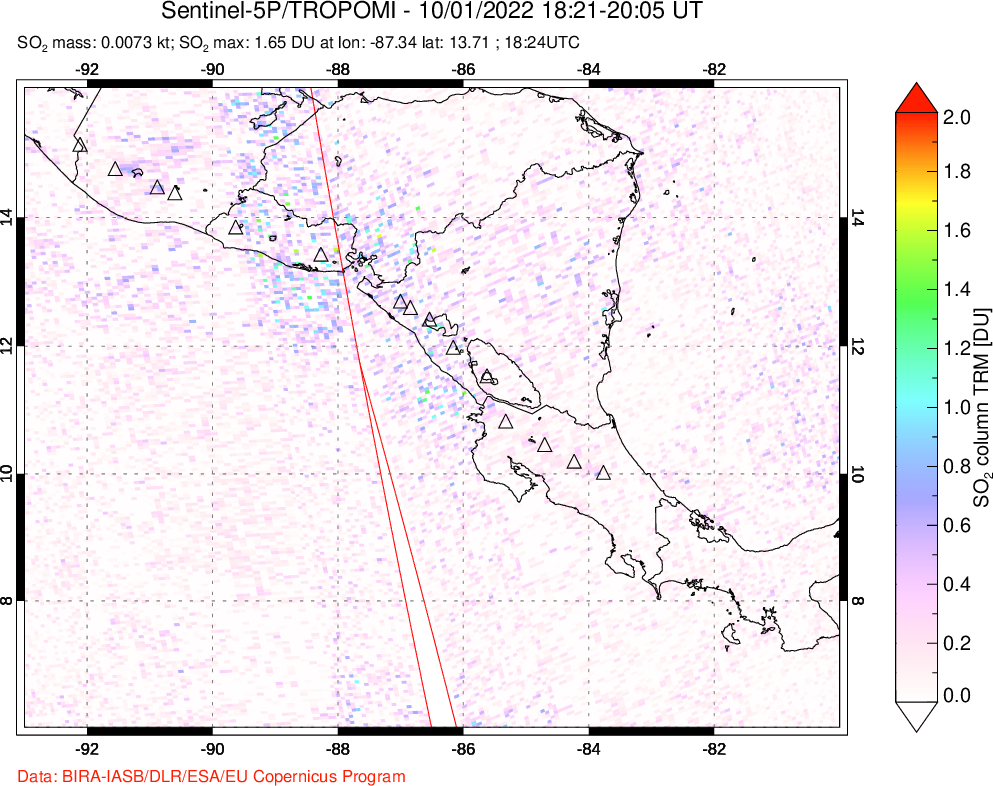 A sulfur dioxide image over Central America on Oct 01, 2022.