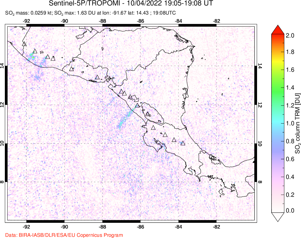 A sulfur dioxide image over Central America on Oct 04, 2022.