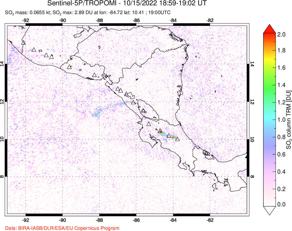 A sulfur dioxide image over Central America on Oct 15, 2022.