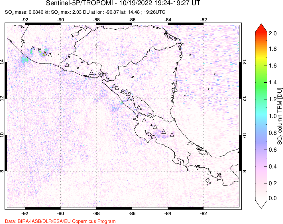 A sulfur dioxide image over Central America on Oct 19, 2022.