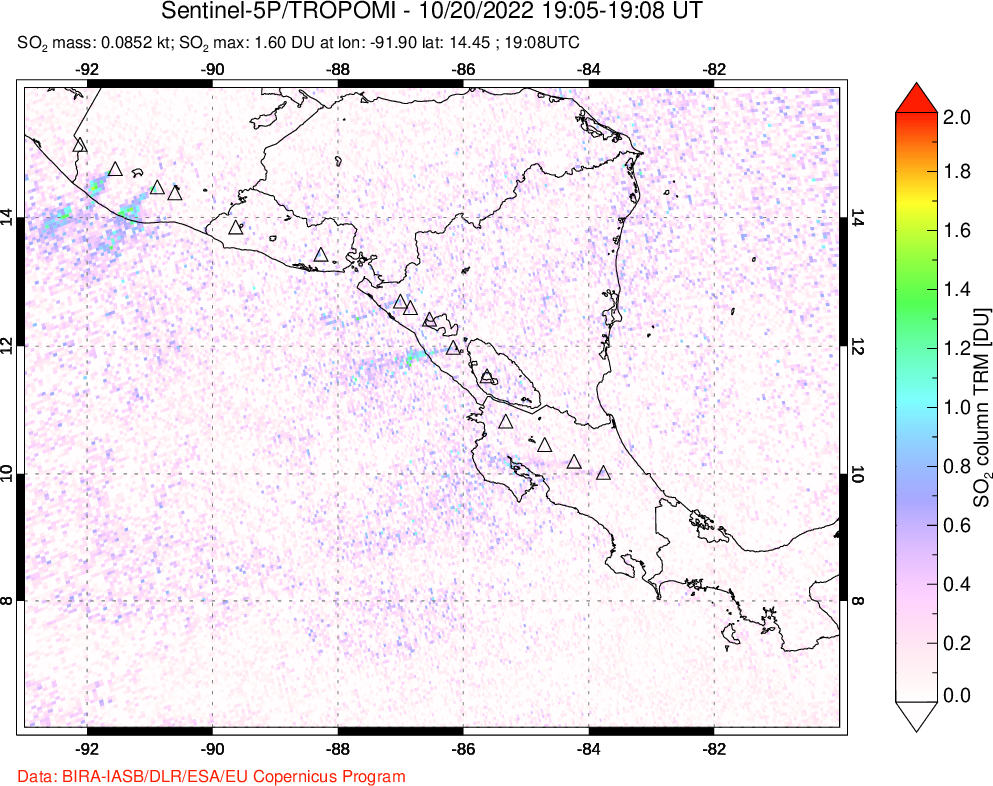 A sulfur dioxide image over Central America on Oct 20, 2022.