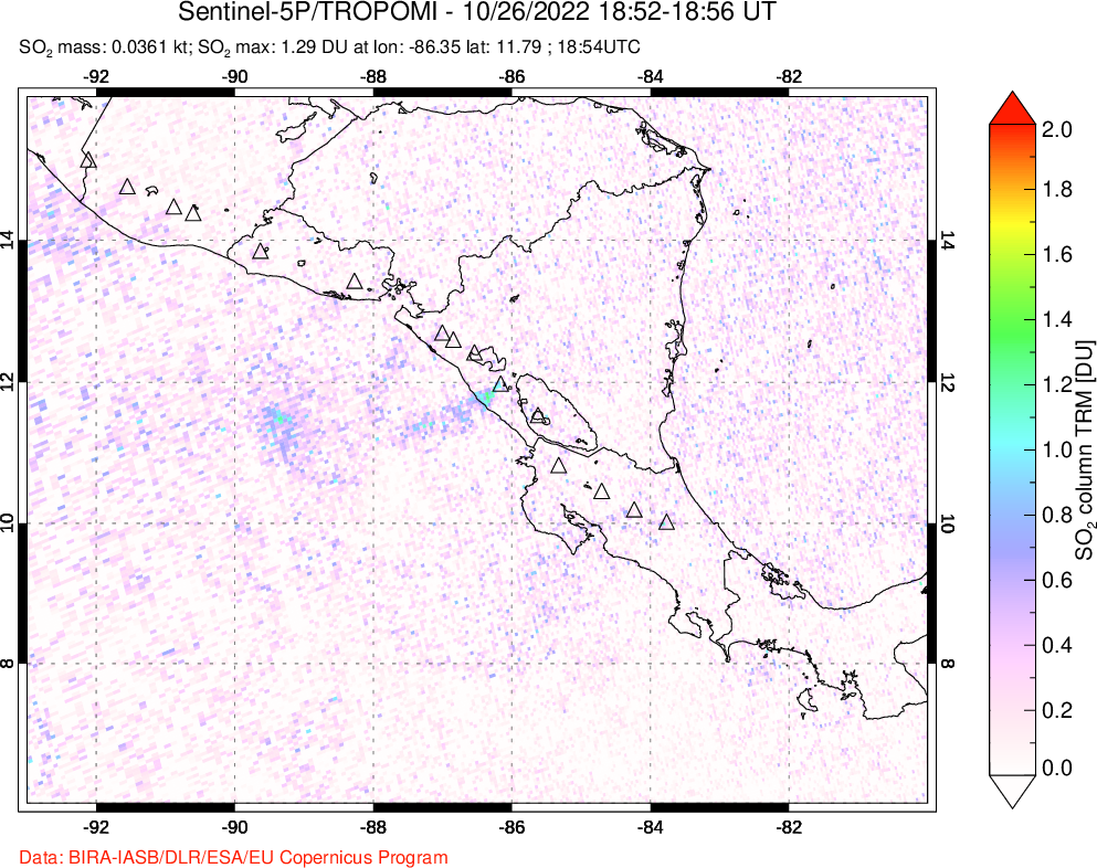 A sulfur dioxide image over Central America on Oct 26, 2022.