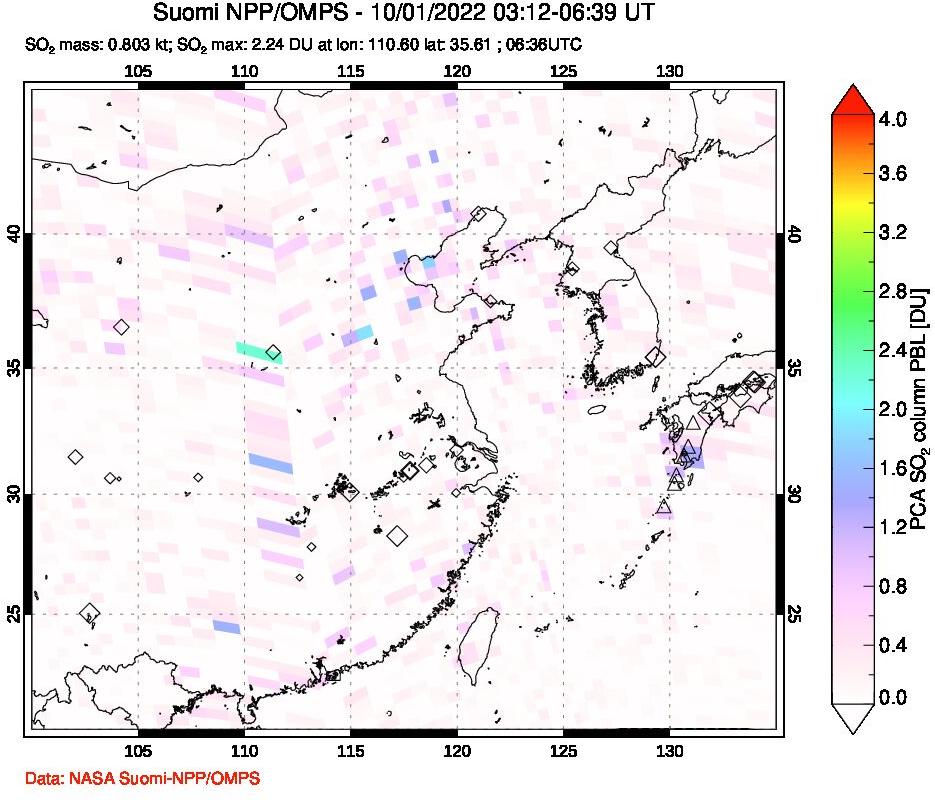 A sulfur dioxide image over Eastern China on Oct 01, 2022.