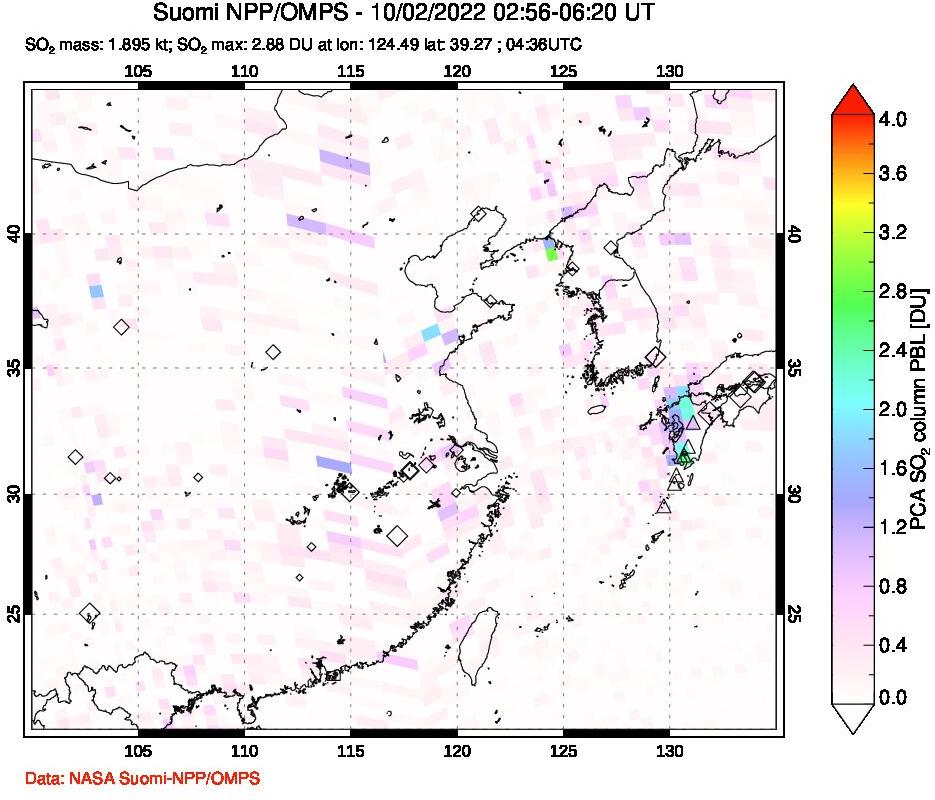 A sulfur dioxide image over Eastern China on Oct 02, 2022.