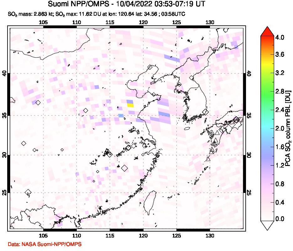 A sulfur dioxide image over Eastern China on Oct 04, 2022.