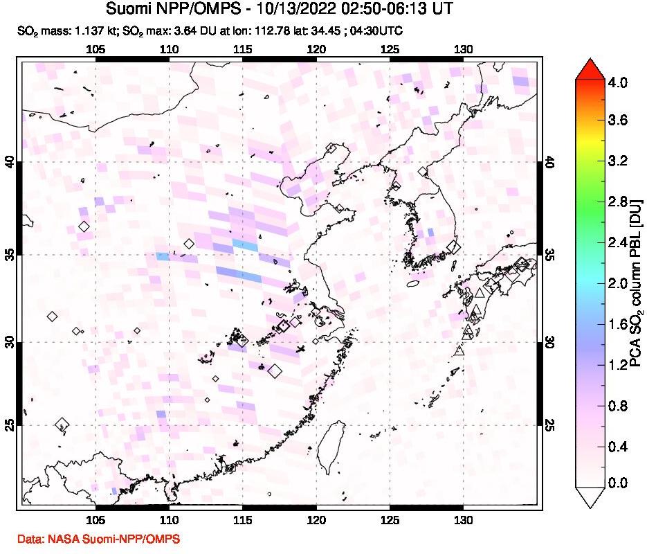 A sulfur dioxide image over Eastern China on Oct 13, 2022.