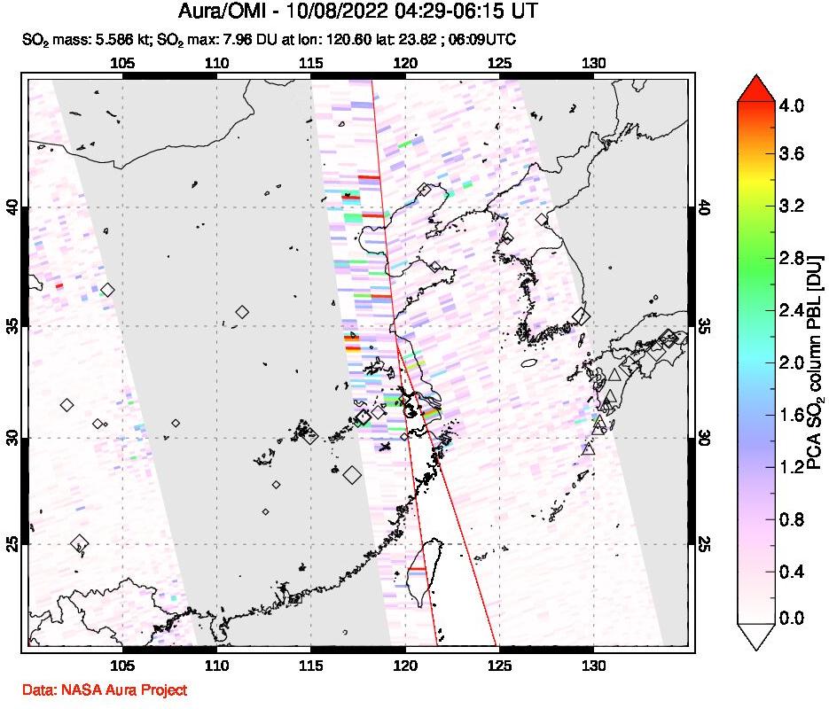A sulfur dioxide image over Eastern China on Oct 08, 2022.