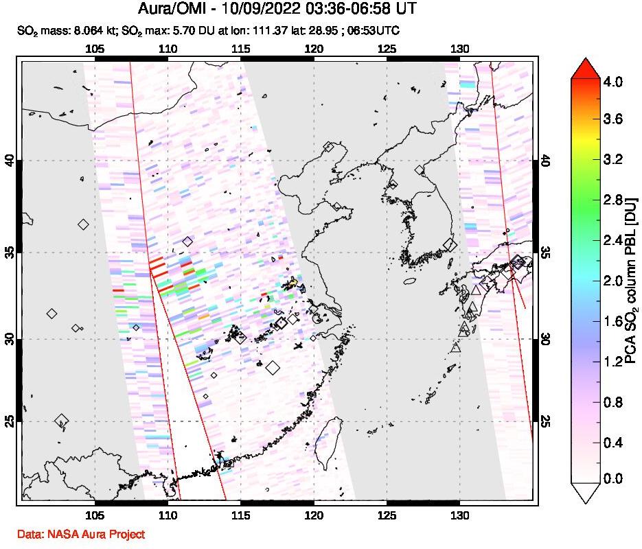 A sulfur dioxide image over Eastern China on Oct 09, 2022.