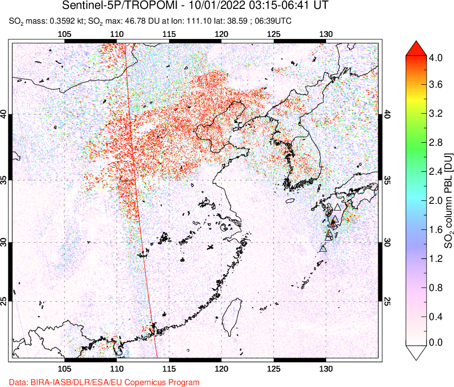 A sulfur dioxide image over Eastern China on Oct 01, 2022.