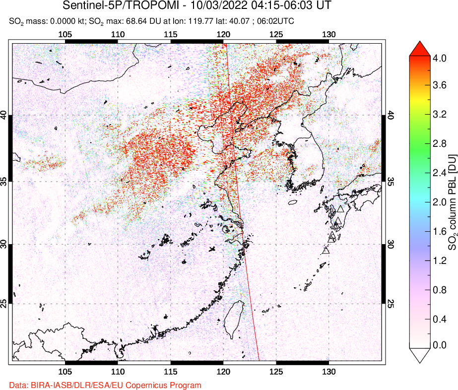 A sulfur dioxide image over Eastern China on Oct 03, 2022.