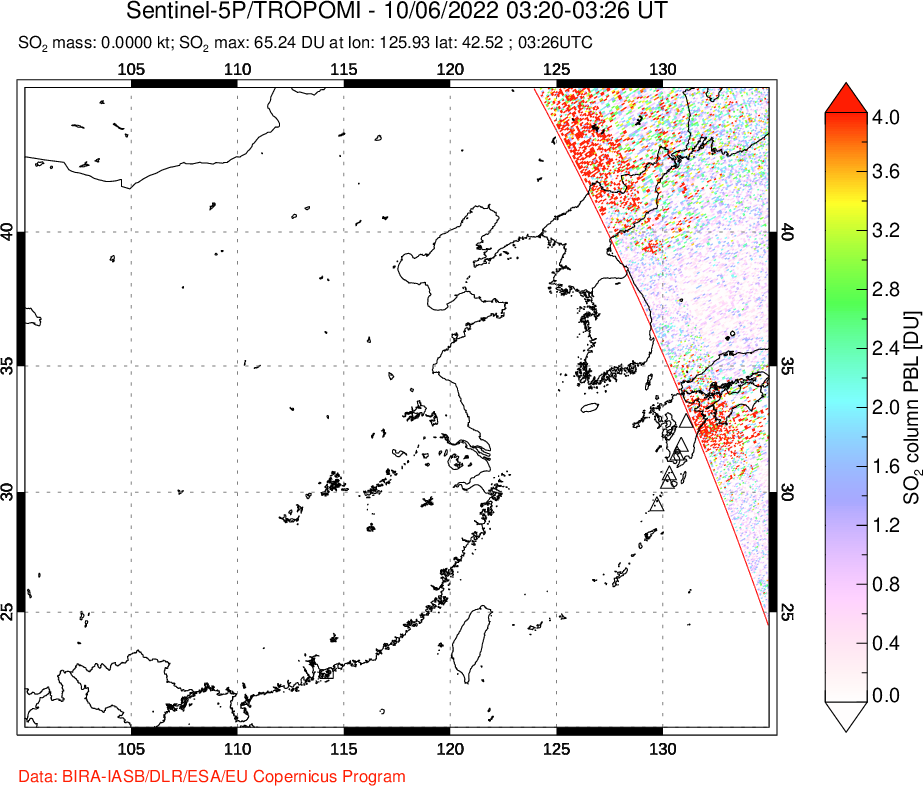 A sulfur dioxide image over Eastern China on Oct 06, 2022.