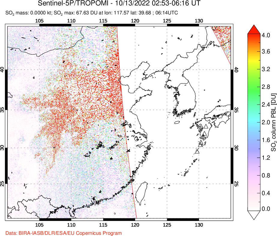A sulfur dioxide image over Eastern China on Oct 13, 2022.