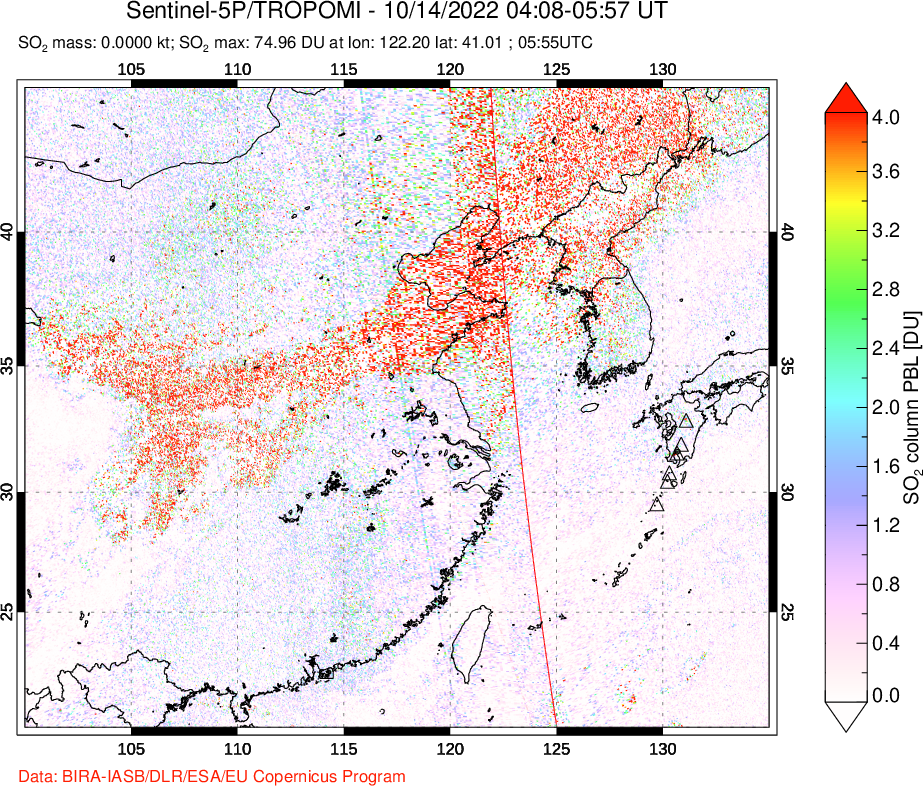 A sulfur dioxide image over Eastern China on Oct 14, 2022.