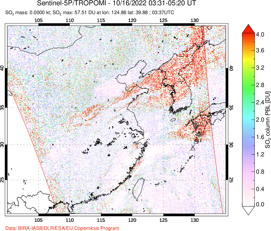 A sulfur dioxide image over Eastern China on Oct 16, 2022.
