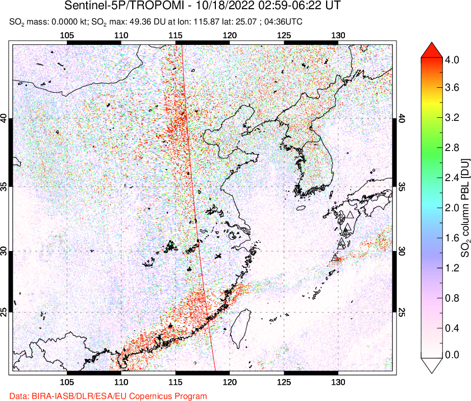 A sulfur dioxide image over Eastern China on Oct 18, 2022.