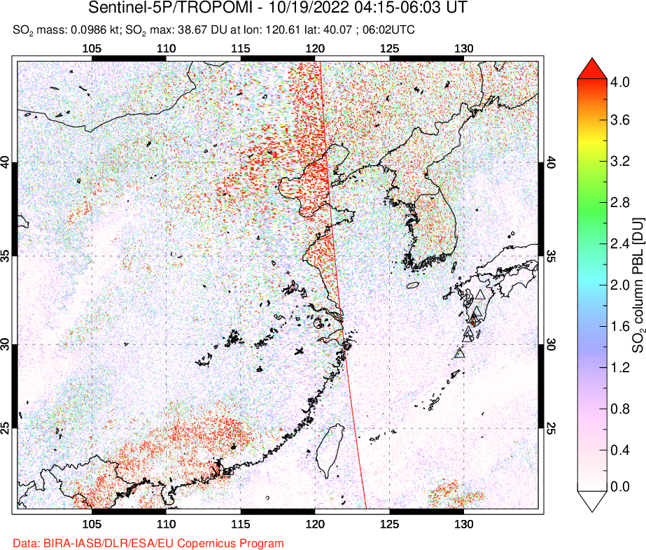 A sulfur dioxide image over Eastern China on Oct 19, 2022.