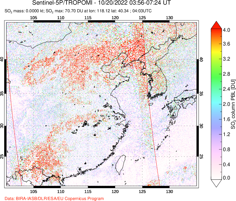 A sulfur dioxide image over Eastern China on Oct 20, 2022.