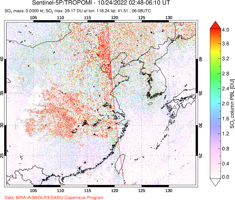 A sulfur dioxide image over Eastern China on Oct 24, 2022.