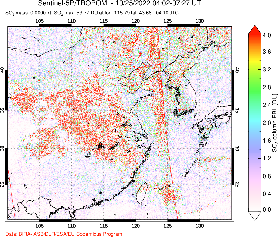 A sulfur dioxide image over Eastern China on Oct 25, 2022.