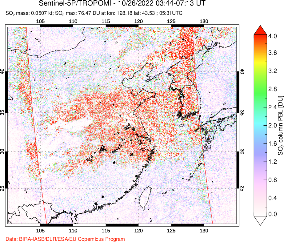 A sulfur dioxide image over Eastern China on Oct 26, 2022.