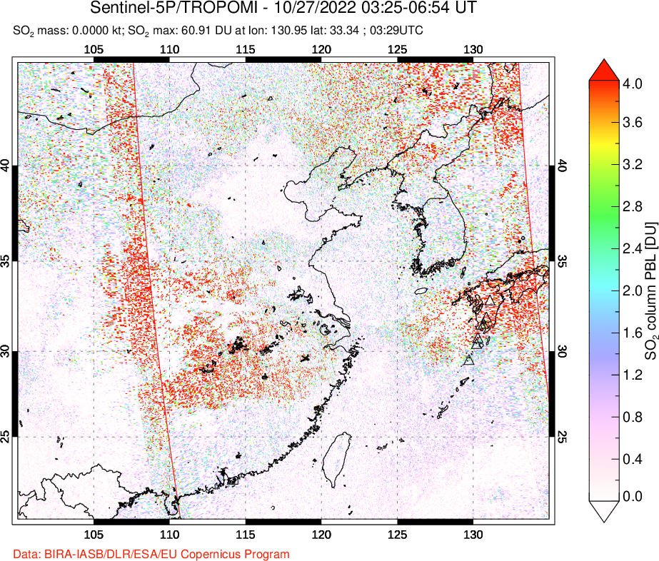 A sulfur dioxide image over Eastern China on Oct 27, 2022.