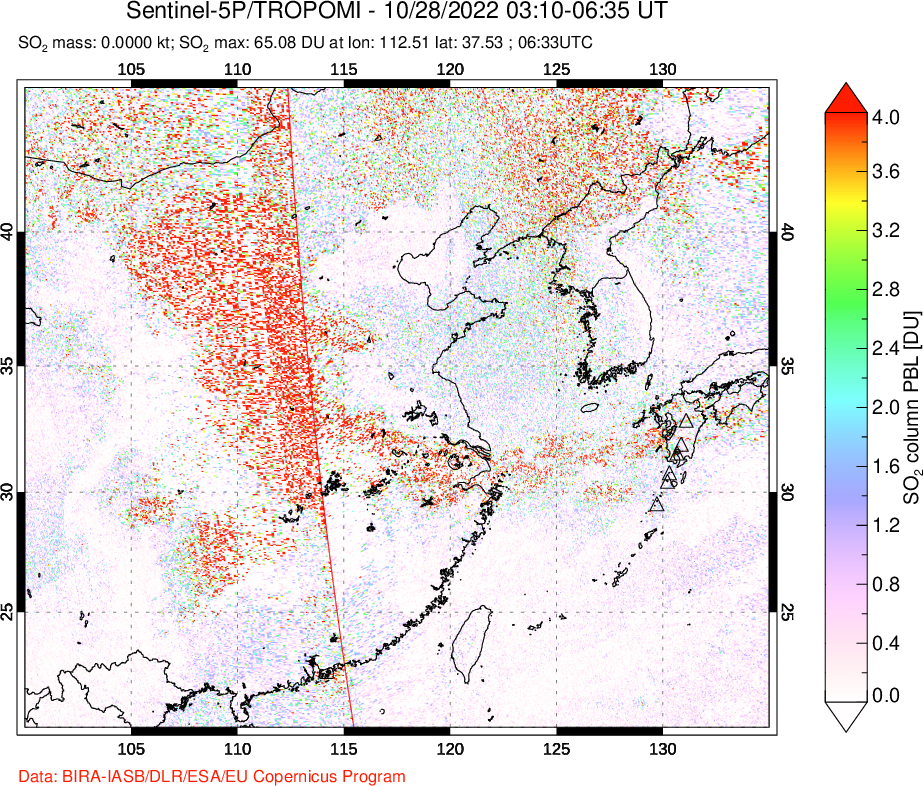 A sulfur dioxide image over Eastern China on Oct 28, 2022.